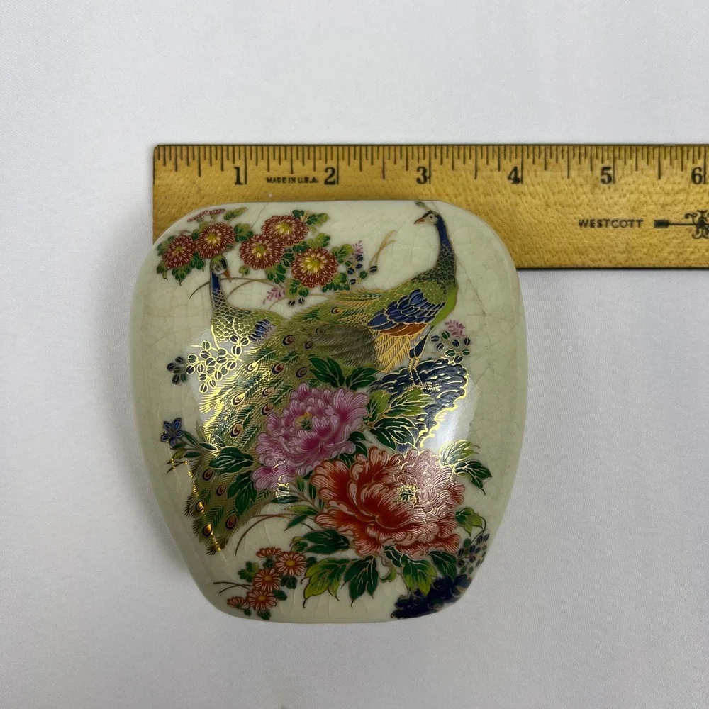 Asahi Vase Peacock Peony 4.25in Cream Crackle Glaze Gold Gilt Excellent Japan